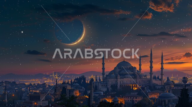 The concept of worship and drawing closer to God Almighty, the call of Muslims to perform obligations and prayers, geometric designs and decorations in the Islamic style, domes and minarets of a mosque illuminated at night in the Islamic style, the background of the moon in the sky