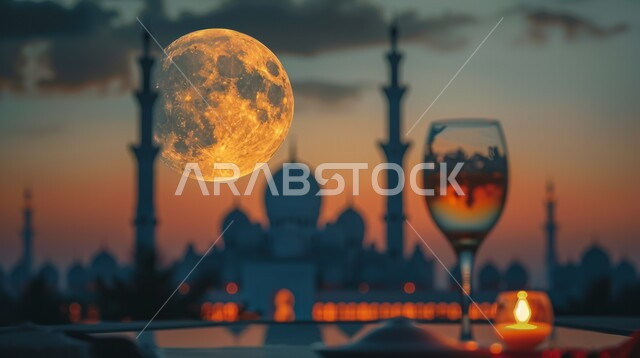 مفهوم العبادة و التقرب الى الله تعالى, نداء المسلمين لأداء الفرائض والصلوات، التصاميم والديكورات الهندسية على الطراز الاسلامي، قبب ومآذن لمسجد مضيء في وقت الليل على الطراز الاسلامي، خلفية القمر في السماء