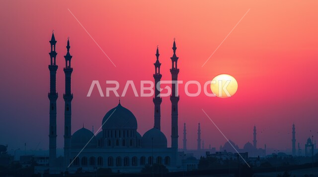مفهوم العبادة و التقرب الى الله تعالى, نداء المسلمين لأداء الفرائض والصلوات، التصاميم والديكورات الهندسية على الطراز الاسلامي، قبب ومآذن لمسجد مضيء في وقت الليل على الطراز الاسلامي، خلفية القمر في السماء