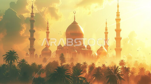 The concept of worship and drawing closer to God Almighty, the call of Muslims to perform the obligatory prayers, Islamic-style engineering designs and decorations, the view of the sky at sunset, Islamic-style mosque domes and minarets