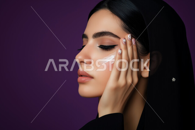 أدوات مكياج تتوريال, التسويق لمنتجات ومستحضرات التجميل في المتاجر, مفهوم الإهتمام بالجمال والبشرة, بورتريه لخبيرة تجميل عربية سعودية خليجية تستخدم إحدى أدوات الميكآب (كونتور الوجه) تضع يدها على وجهها