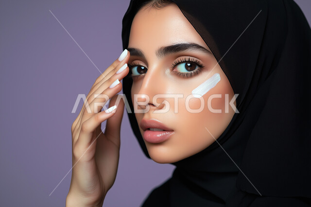 أدوات مكياج تتوريال, التسويق لمنتجات ومستحضرات التجميل في المتاجر, مفهوم الإهتمام بالجمال والبشرة, بورتريه لخبيرة تجميل عربية سعودية خليجية تستخدم إحدى أدوات الميكآب (كونتور الوجه) تضع يدها على وجهها