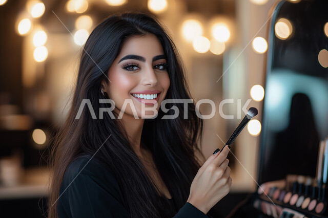  مفهوم الإهتمام بالجمال والبشرة، بورتريه لامرأة عربية خليجية سعودية تحمل إحدى أدوات التجميل (الفرشاة) على بشرة الوجه وخبيرة بمستحضرات التجميل, التسويق لمنتجات التجميل والبيع عبر الانترنت