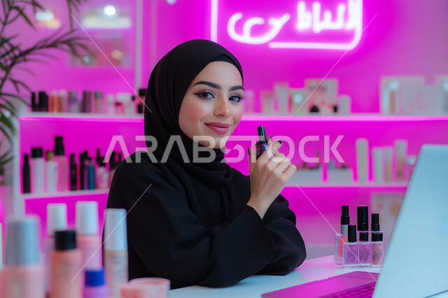 أدوات مكياج تتوريال, التسويق لمنتجات ومستحضرات التجميل في المتاجر, مفهوم الإهتمام بالجمال والبشرة, بورتريه لخبيرة تجميل عربية سعودية خليجية تستخدم إحدى أدوات الميكآب (قلم أحمر الشفاه) لابراز الجمال
