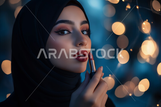 أدوات مكياج تتوريال, التسويق لمنتجات ومستحضرات التجميل في المتاجر, مفهوم الإهتمام بالجمال والبشرة, بورتريه لخبيرة تجميل عربية سعودية خليجية تستخدم إحدى أدوات الميكآب (قلم أحمر الشفاه) لابراز الجمال