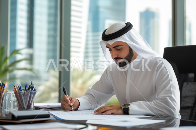تدوين وتسجيل المعلومات على الورق, صورة مقربة لشاب عربي خليجي سعودي يرتدي الثوب التقليدي يجلس على الكرسي في مكتبه يمسك بيده قلما ويقوم بكتابة الملاحظات, كتابة المهام والأهداف اليومية, تنظيم وإدارة الأعمال