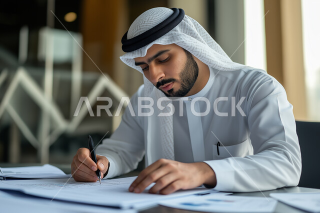 تدوين وتسجيل المعلومات على الورق, صورة مقربة لشاب عربي خليجي سعودي يرتدي الثوب التقليدي يجلس على الكرسي في مكتبه يمسك بيده قلما ويقوم بكتابة الملاحظات, كتابة المهام والأهداف اليومية, تنظيم وإدارة الأعمال