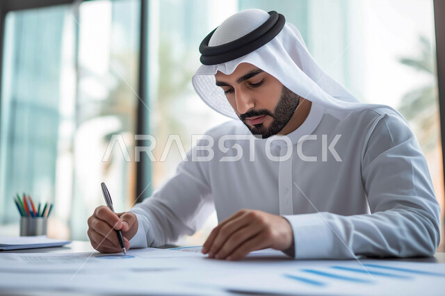 تدوين وتسجيل المعلومات على الورق, صورة مقربة لشاب عربي خليجي سعودي يرتدي الثوب التقليدي يجلس على الكرسي في مكتبه يمسك بيده قلما ويقوم بكتابة الملاحظات, كتابة المهام والأهداف اليومية, تنظيم وإدارة الأعمال