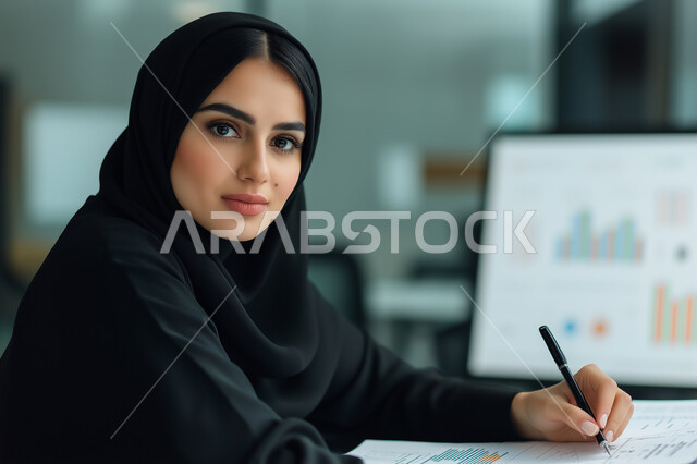 كتابة المهام والأهداف اليومية, تنظيم وإدارة الأعمال, تدوين وتسجيل المعلومات على الورق, صورة مقربة لامرأة عربية خليجية سعودية محجبة ترتدي العباءة السوداء تجلس على الكرسي تمسك بيدها قلما وتقوم بكتابة الملاحظات