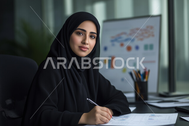كتابة المهام والأهداف اليومية, تنظيم وإدارة الأعمال, تدوين وتسجيل المعلومات على الورق, صورة مقربة لامرأة عربية خليجية سعودية محجبة ترتدي العباءة السوداء تجلس على الكرسي تمسك بيدها قلما وتقوم بكتابة الملاحظات