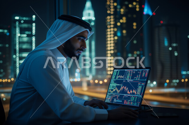 إدارة شؤون الأعمال وتنظيمها، صورة لرجل عربي خليجي سعودي مبتسم يقوم بالعمل على الحاسوب داخل المكتب، العمل لتحقيق الاهداف والاستراتيجيات، مهن ووظائف ادارية مكتبية, استخدام الأجهزة التكنولوجية الحديثة والمتطورة