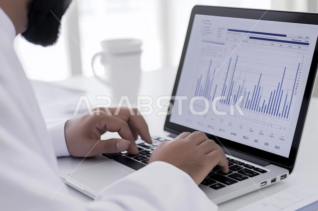  العمل لتحقيق الاهداف والاستراتيجيات، مهن ووظائف ادارية مكتبية, إدارة شؤون الأعمال وتنظيمها، صورة مقربة ليدين رجل عربي خليجي سعودي يقوم بالعمل على الحاسوب داخل المكتب, استخدام الأجهزة التكنولوجية الحديثة والمتطورة