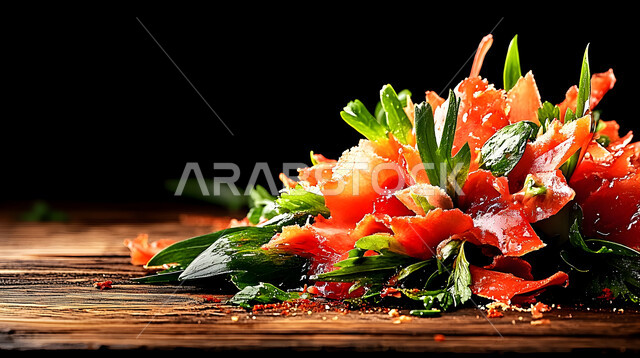 فنون تقديم قطع الخضروات المشكلة مع سمك السلمون، سلطات الأسماك والكائنات البحرية بالأعشاب، أطباق المقبلات الباردة اللذيذة، وصفات الطعام الصحي الغني بالفوائد والعناصر الغذائية، طبق من سلطة التونا بالخضار المتنوعة الملونة