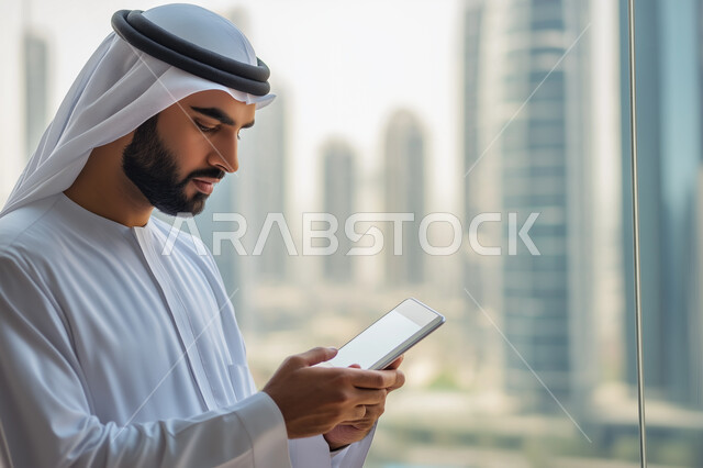 ايماءات وتعابير التركيز والاندماج, استخدام الأجهزة والتقنيات الحديثة لتسهيل الأعمال, بورتريه مقرب لرجل أعمال عربي سعودي خليجي يرتدي الزي التقليدي يحمل بيده جهاز التابليت، مهن ووظائف سعودية