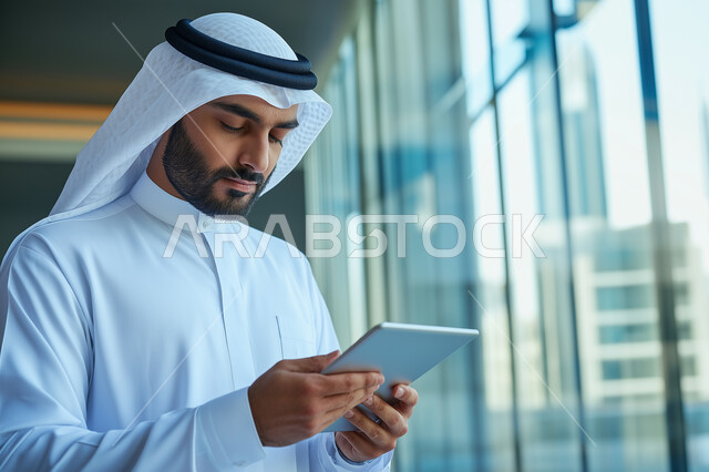 ايماءات وتعابير التركيز والاندماج, استخدام الأجهزة والتقنيات الحديثة لتسهيل الأعمال, بورتريه مقرب لرجل أعمال عربي سعودي خليجي يرتدي الزي التقليدي يحمل بيده جهاز التابليت، مهن ووظائف سعودية