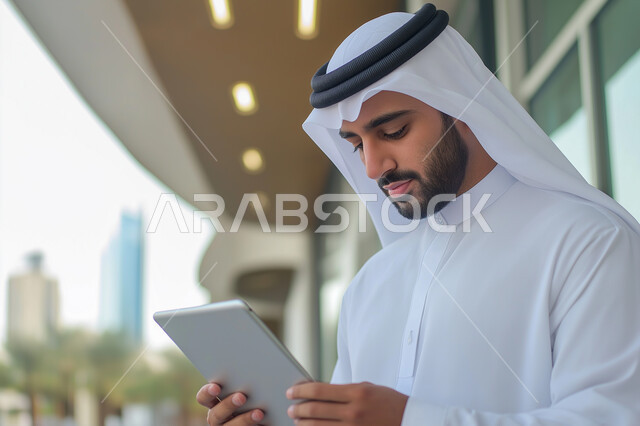 ايماءات وتعابير التركيز والاندماج, استخدام الأجهزة والتقنيات الحديثة لتسهيل الأعمال, بورتريه مقرب لرجل أعمال عربي سعودي خليجي يرتدي الزي التقليدي يحمل بيده جهاز التابليت، مهن ووظائف سعودية