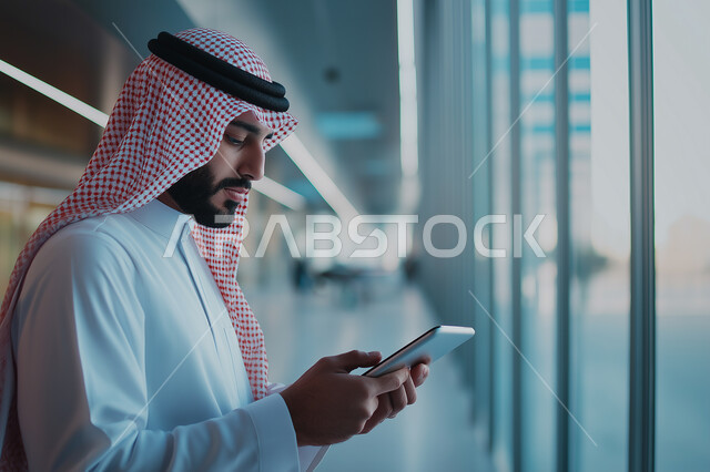 Gestures and expressions of concentration and integration, using modern devices and technologies to facilitate business, close-up portrait of a Saudi Arabian Gulf businessman wearing traditional dress holding a tablet in his hand, Saudi professions and jobs