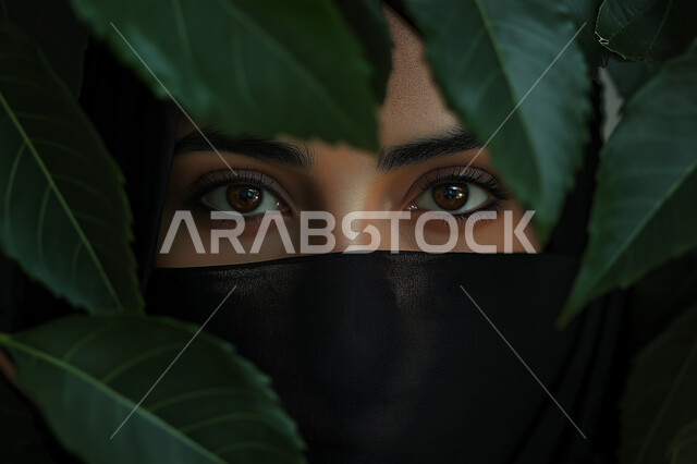 مفهوم النعومة والأنوثة, صورة مقربة لامرأة عربية خليجية سعودية محجبة ترتدي البرقع تقف خلف مجموعة من اوراق النباتات الخضراء وتنظر إلى الكاميرا بتعابير الثقة بالنفس ،ابراز جمال النساء السعوديات