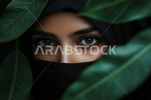 The concept of softness and femininity, a close-up of a veiled Saudi Arabian Gulf woman wearing a burqa standing behind a group of green plant leaves and looking at the camera with an expression of self-confidence, highlighting the beauty of Saudi women