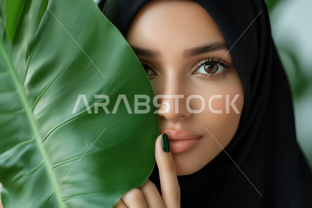  ابراز جمال النساء السعوديات، مفهوم النعومة والأنوثة, صورة مقربة لامرأة عربية خليجية سعودية محجبة  تقف خلف مجموعة من اوراق النباتات الخضراء وتنظر إلى الكاميرا بتعابير الثقة بالنفس 