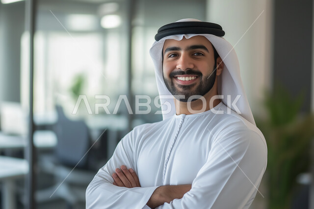 مفهوم الأناقة والإهتمام بالمظهر الخارجي، رجل أعمال عربي خليجي سعودي مبتسم يرتدي الثوب التقليدي ينظر الى الكاميرا يقف باستقامة وايدي متقاطعة، مهن ووظائف ادارية سعودية، توضيح مهام العمل واستراتيجيات الشركة