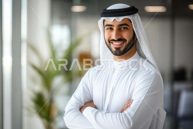 The concept of elegance and interest in external appearance, a smiling Saudi Arabian Gulf businessman wearing traditional dress looking at the camera standing straight with crossed hands, Saudi administrative professions and jobs, explaining work tasks and company strategies