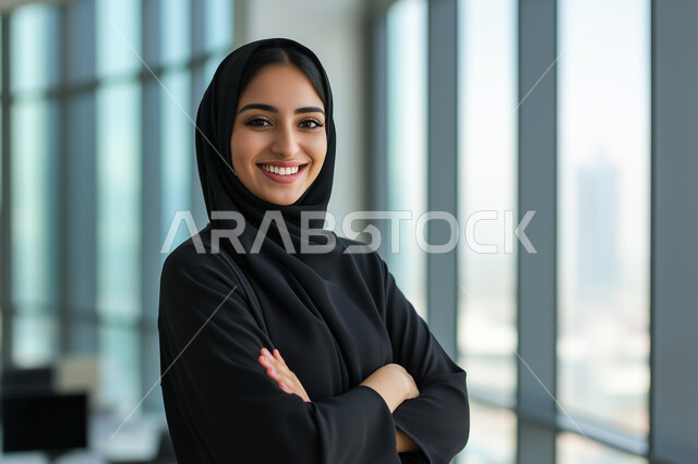 الوقوف باستقامة وثقة بالنفس بايدي متقاطعة، مفهوم الأنوثة والاهتمام بالمظهر الخارجي، صورة مقربة لامرأة عربية خليجية سعودية ترتدي العباءة السوداء مبتسمة محجبة تنظر الى الكاميرا بايماءات السرور