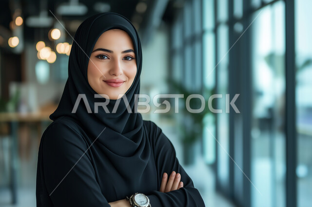 الوقوف باستقامة وثقة بالنفس بايدي متقاطعة، مفهوم الأنوثة والاهتمام بالمظهر الخارجي، صورة مقربة لامرأة عربية خليجية سعودية ترتدي العباءة السوداء مبتسمة محجبة تنظر الى الكاميرا بايماءات السرور