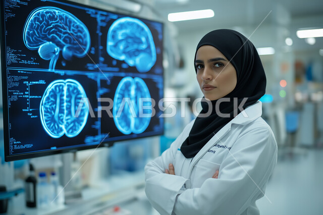 Development and progress in the medical field, the use of technology and technology in health research, a veiled Saudi Arabian Gulf doctor examining the patient’s x-ray image, the concept of radiography, detecting unclear diseases and conditions