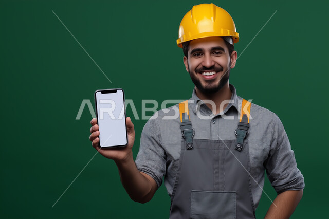 دور التكنولوجيا في تطوير الهندسة، مهندس عربي خليجي سعودي يرتدي خوذة الحماية وسترة الوقاية يحمل بيده الهاتف المحمول، الكفاءة في الإنتاج وتحقيق الثورة الصناعية، التطور والتحول التقني الحديث