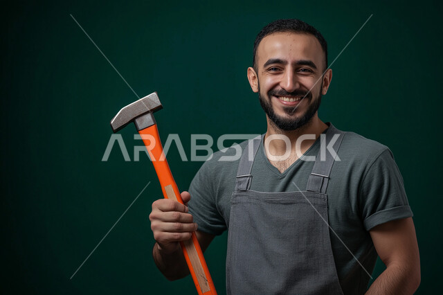 ادوات البناء والنجارة، فني تصليح مبتسم ينظر إلى الكاميرا بإيماءات السرور، المهارة و اتقان العمل، استخدام أدوات ومعدات الصيانة، بورتريه مقرب لعامل صيانة عربي سعودي خليجي يرتدي يونيفورم العمل يحمل مطرقة معدنية