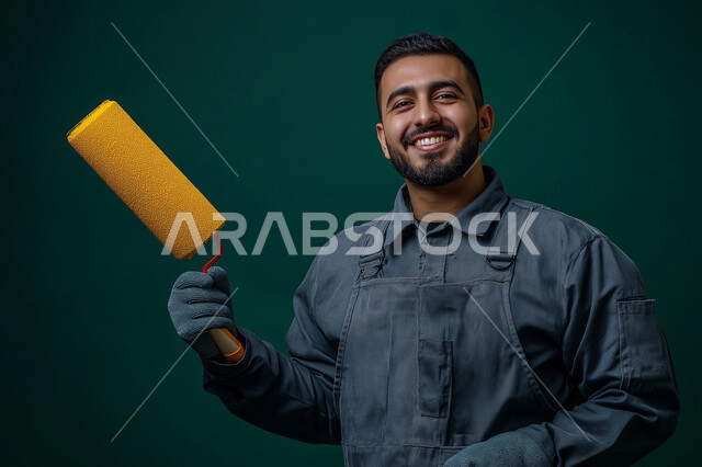 مفهوم المهارة و اتقان العمل، فني تصليح مبتسم ينظر إلى الكاميرا بإيماءات السرور، بورتريه مقرب لعامل دهان عربي سعودي خليجي يرتدي يونيفورم العمل يحمل ادوات الدهان, خلفية رمادية