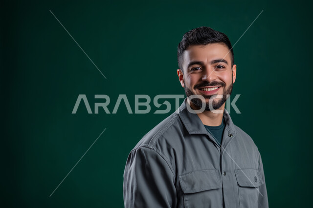 مفهوم المهارة و اتقان العمل، بورتريه مقرب لعامل عربي سعودي خليجي يرتدي يونيفورم العمل مبتسم ينظر إلى الكاميرا بإيماءات السرور، الأعمال وخدمات الصيانة، خلفية رمادية