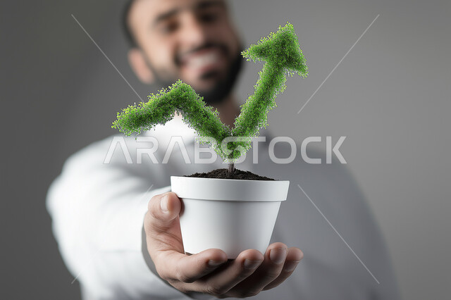 اكتشاف وتحديد نوع الزهرة, بورتريه لشاب عربي خليجي سعودي يرتدي الزي التقليدي ويحمل بيده حوض زراعي صغير، حب النباتات والاهتمام بها، العناية بالشتلات المنزلية، خلفية بيضاء