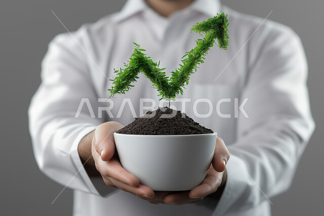 اكتشاف وتحديد نوع الزهرة, بورتريه لشاب عربي خليجي سعودي يرتدي الزي التقليدي ويحمل بيده حوض زراعي صغير، حب النباتات والاهتمام بها، العناية بالشتلات المنزلية، خلفية بيضاء