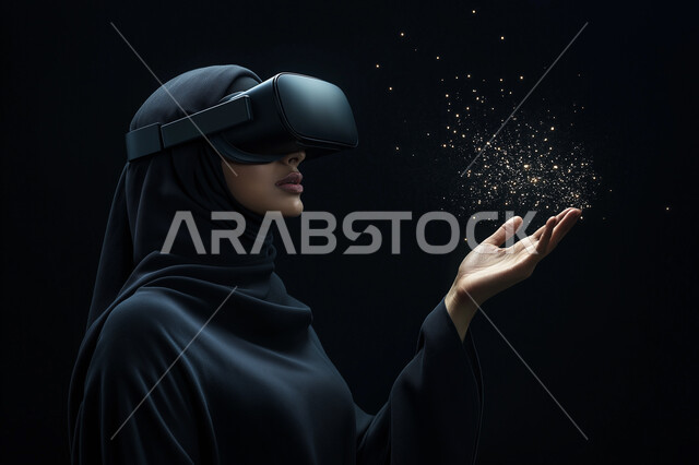 الاندماج والتفاعل مع العناصر الهولوجرامية، تقنيات حديثة الكترونية وأجهزة تكنولوجية، صورة مقربة لامرأة عربية خليجية سعودية محجبة ترتدي العباءة التقليدية تقف وترفع يدها للأعلى في محاولة للمس المكونات الخيالية، ارتداء نظارات الواقع الافتراضي الفي ار، خلفية سوداء