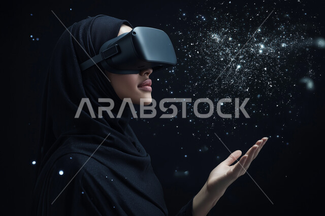 Merging and interacting with holographic elements, modern electronic techniques and technological devices, a close-up image of a veiled Saudi Gulf Arab woman wearing the traditional abaya, standing and raising her hand up in an attempt to touch the imaginary components, wearing VR virtual reality glasses, black background