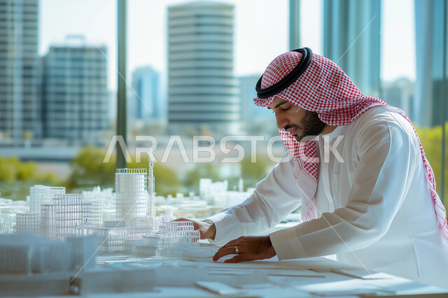 تقديم المشاريع والأبحاث العلمية الجامعية، التصاميم والديكورات العصرية الفاخرة، مفهوم الهندسة المعمارية المتطورة، بورتريه لرجل عربي خليجي سعودي يرتدي الزي التقليدي يصنع مجسم ثلاثي الابعاد لتصميم منزل حديث