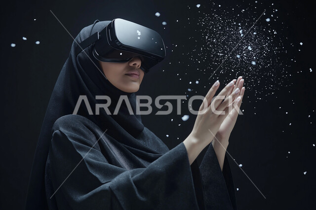 Merging and interacting with holographic elements, modern electronic techniques and technological devices, a close-up image of a veiled Saudi Gulf Arab woman wearing the traditional abaya, standing and raising her hand up in an attempt to touch the imaginary components, wearing VR virtual reality glasses, black background