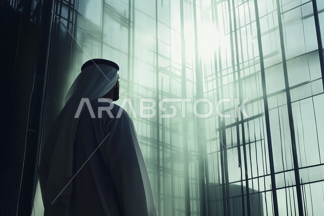 النظر إلى شيء ما، الوقوف باستقامة، صورة من الخلف لرجل عربي خليجي سعودي يرتدي الشماغ والثوب الأبيض التقليدي السعودي، الاهتمام بالمظهر الخارجي