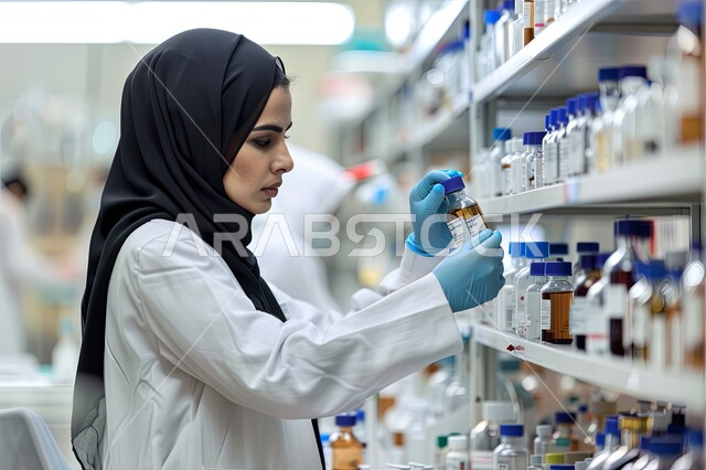 معمل الصناعات الدوائية، مختبرات الفحوصات الطبية والتحاليل الكيمائية، استخدام الأنابيب الزجاجية المعقمة لتحليل العينات المختلفة، صورة مقربة لمخبرية محجبة ترتدي القفازات والمعطف الطبي، إجراء تجارب وبحوث علمية عبر التكنولوجيا الحيوية