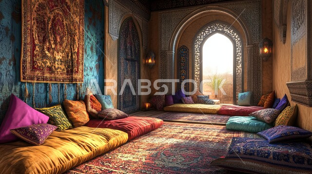 Traditional council with colorful cushions and carpets, illuminated lanterns hanging on the wall, authenticity, Saudi heritage, traditional popular councils in the Kingdom of Saudi Arabia, Arab guesthouse and enjoyable gatherings, adherence to Saudi heritage