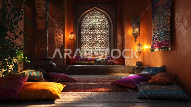 مجلس تقليدي مزود بوسائد ملونة وسجاد، الفوانيس المضيئة المعلقة على الحائط, العراقة والأصالة والتراث السعودي, المجالس الشعبية التقليدية في المملكة العربية السعودية, مضافة العرب وجلسات الوناسة الممتعة, التمسك بالارث السعودي