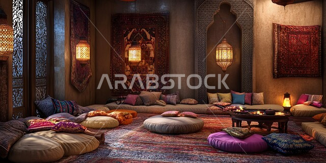 مجلس تقليدي مزود بوسائد ملونة وسجاد، الفوانيس المضيئة المعلقة على الحائط, العراقة والأصالة والتراث السعودي, المجالس الشعبية التقليدية في المملكة العربية السعودية, مضافة العرب وجلسات الوناسة الممتعة, التمسك بالارث السعودي