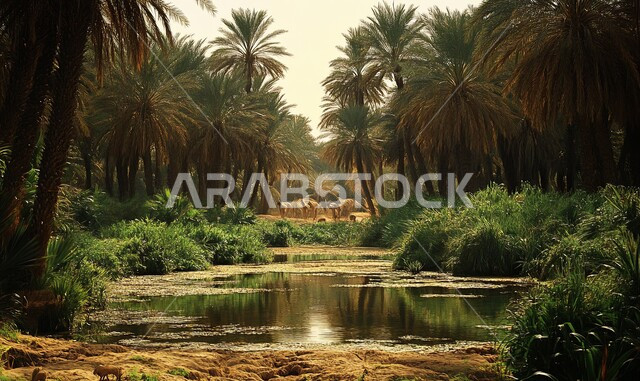 محاصيل زراعية محلية، أراضي و محميات طبيعية لأشجار النخيل في المملكة العربية السعودية, منظر انعكاس الشجر على البحيرة المائية, مزارع و حقول إنتاج التمور المثمرة, الاهتمام بالتشجير والزراعة