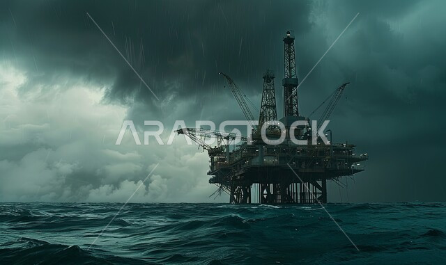 منصة نفط لاستنباط الزيوت, استخراج وتصدير الثروات الباطنية، حفارة تقوم بالتنقيب عن النفط وسط البحر, آلات حفر ضخمة , جودة الأدوات والمعدات لصناعة وتخزين البترول