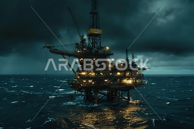 منصة نفط لاستنباط الزيوت, استخراج وتصدير الثروات الباطنية، حفارة تقوم بالتنقيب عن النفط وسط البحر, آلات حفر ضخمة , جودة الأدوات والمعدات لصناعة وتخزين البترول