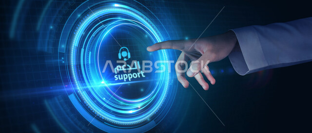 صورة مقربة ليد رجل عربي خليجي سعودي، يضغط بأصبعه على زر خاص بخدمات الدعم الفني عن بعد عبر الانترنت، أيقونات خاصة بالكمبيوتر، مفهوم تكنولوجيا الاعمال عبر الإنترنت، رموز رقمية الكترونية
