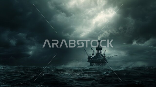 منصة نفط لاستنباط الزيوت, استخراج وتصدير الثروات الباطنية، حفارة تقوم بالتنقيب عن النفط وسط البحر, آلات حفر ضخمة , جودة الأدوات والمعدات لصناعة وتخزين البترول