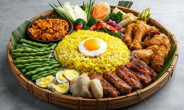 طبق من أرز المندي مع قطع الدجاج المقلية والبيض المسلوق، وصفات الطعام الشهية، فنون التقديم في مطاعم المملكة العربية السعودية, وجبات وأطباق عربية تقليدية شعبية، وجبة كبسة مزينة بالخضار الطازجة
